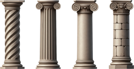 Four antique stone architectural columns displaying various classical styles including Solomonic fluted smooth and rustic ashlar blocks 194 characters Pillar Architecture Structure