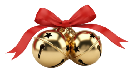 Golden jingle bells with red ribbon isolated PNG, Christmas decoration on transparent background for holiday design and festive projects