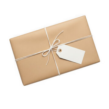 Brown gift package with string and tag isolated on a transparent background wrapping paper