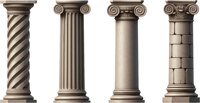 Four antique stone architectural columns displaying various classical styles including Solomonic fluted smooth and rustic ashlar blocks 194 characters Pillar Architecture Structure