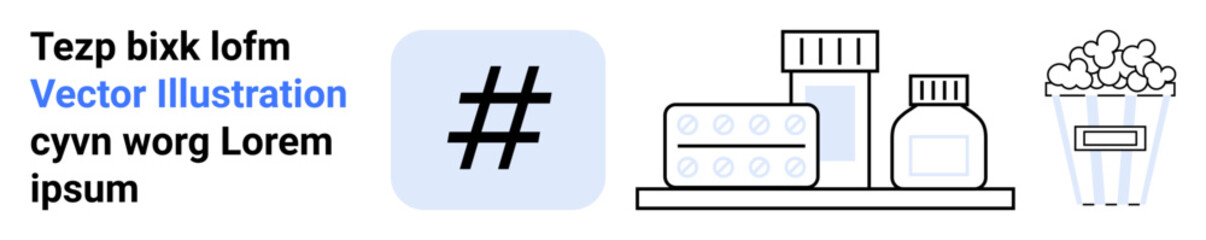 Obraz premium metadata tag icon with medicine bottles, snack container, and pills symbolizing wellness, entertainment, and social interaction. Ideal for health, social media, digital connection, wellness habits