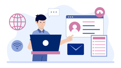 Customer Service Agent Handling Multiple Chats. Business Flat Vector Illustration