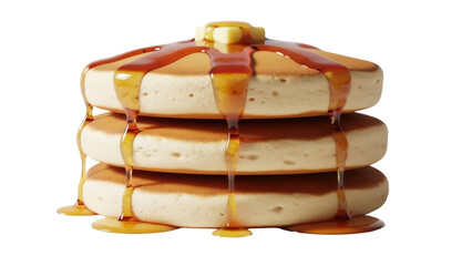 Stack of three pancakes with butter and syrup isolated PNG, breakfast food for restaurant menu and recipe design