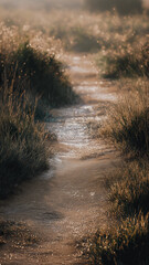 Obraz premium Gentle morning light brightens a quiet path as dew glistens on the inviting grass Generative AI