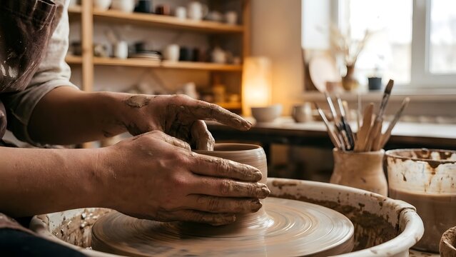 Potter shaping clay on pottery wheel. - Powered by Adobe