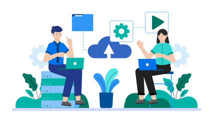IT Team Managing Cloud Server Infrastructure. Business Flat Vector Illustration