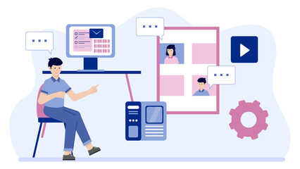 Team Participating in a Virtual Workshop. Business Flat Vector Illustration