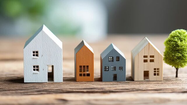 First time buyer housing affordability concept, small modern homes representing achievable ownership, minimal market-focused design