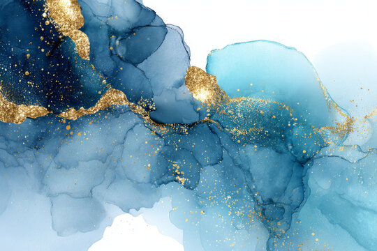Beautiful abstract background of luxurious silver and blue alcohol ink with golden glitter