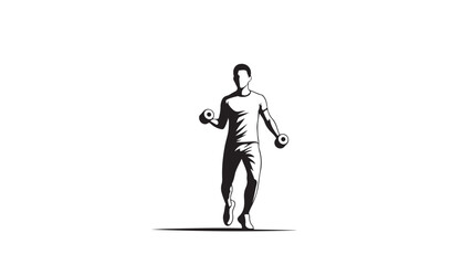Obraz premium Man Running with Dumbbells in Monochrome Minimalist Style with High Contrast Lighting on White Background for Fitness Advertising