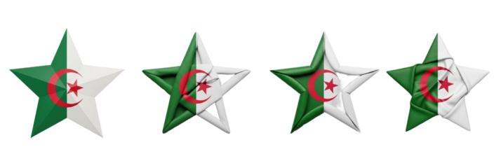 Set of four Algeria flag stars, patriotic national symbols, Algeria star shape decorations, isolated on white background, 3D render, holiday PNG.