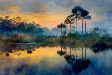 Beautiful abstract background of breathtaking watercolor scenery and simple nature landscape