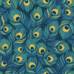 Seamless vector pattern of stylized peacock feathers arranged in a repeating layout on a solid black background, featuring delicate eye details and fine decorative lines.
