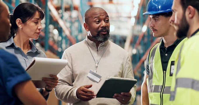 Group, warehouse manager and planning with tablet for supply chain, coordination or checklist. Team, logistics and people talking with tech in meeting with clipboard, distribution or safety briefing
