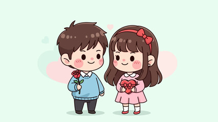 Cute cartoon boy giving a flower to a girl holding a gift on a pastel background