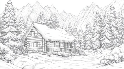 Snowy cabin in mountain forest; winter wonderland scene, coloring book page
