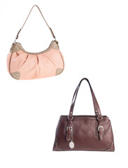 A small handbag with a textured front flap, a short shoulder strap, and a butterfly-shaped metal detail on the front.	
