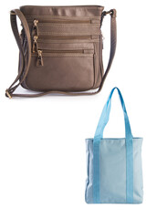 A small handbag with a textured front flap, a short shoulder strap, and a butterfly-shaped metal detail on the front.	
