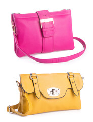 A small handbag with a textured front flap, a short shoulder strap, and a butterfly-shaped metal detail on the front.	
