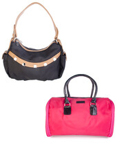 A small handbag with a textured front flap, a short shoulder strap, and a butterfly-shaped metal detail on the front.	
