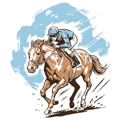 Dynamic Horse Racing Vector Illustration. Jockey Riding Thoroughbred at Full Gallop in Retro Brush Stroke Style on Blue Background