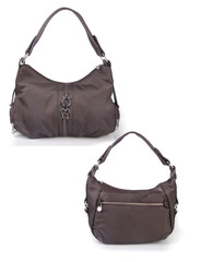 A small handbag with a textured front flap, a short shoulder strap, and a butterfly-shaped metal detail on the front.	
