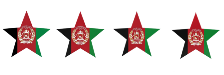 Set of four Afghanistan flag stars, patriotic national symbols, Afghanistan star shape decorations, isolated on white background, 3D render, holiday PNG.
