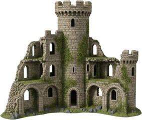 Ancient stone castle ruins feature crumbling walls arched openings and a central tall tower with green ivy climbing across the weathered masonry architecture medieval stonebuilt fortress