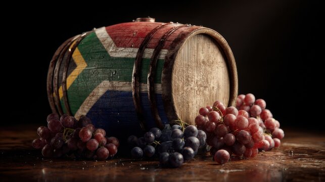Decorative wooden barrel with South African flag design and grapes on a wooden surface in a dimly lit setting