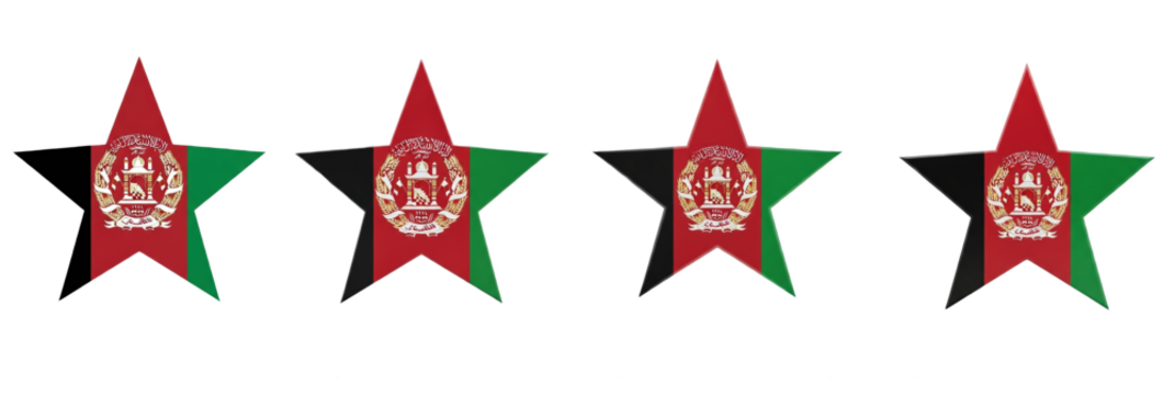 Set of four Afghanistan flag stars, patriotic national symbols, Afghanistan star shape decorations, isolated on white background, 3D render, holiday PNG. - Powered by Adobe