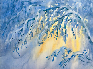 Snowy winter forest landscape painted in watercolor