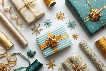 Several neatly wrapped gift boxes with golden ribbons are arranged on a white surface surrounded by decorative snowflakes and wrapping supplies.