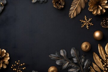 Golden and black decorative leaves, pinecones, and ornaments frame a dark background.