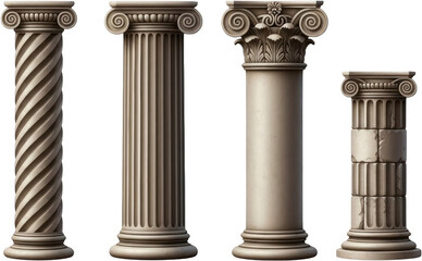 A collection of four classical architectural stone columns showcasing different ancient Greek styles including spiral fluting vertical fluting Ionic capital detail and stacked weathered blocks