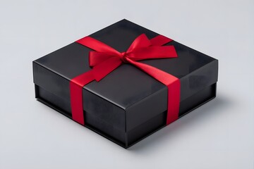 A black gift box is neatly wrapped with a red ribbon and bow on a light gray surface.