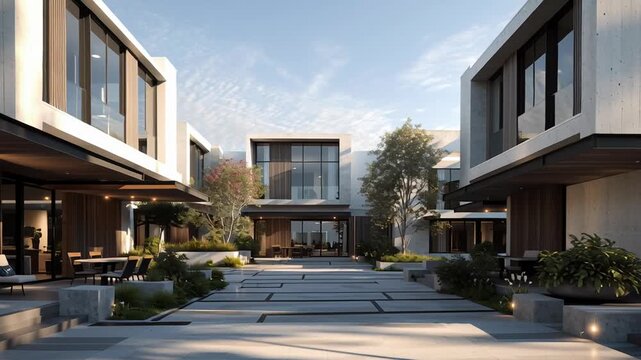 Elite residential market visualization, refined modern homes with soft shadows and balanced geometry, calm commercial mood, luxury residential market segment