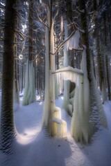 Frozen forest with icicles hanging from trees in winter landscape