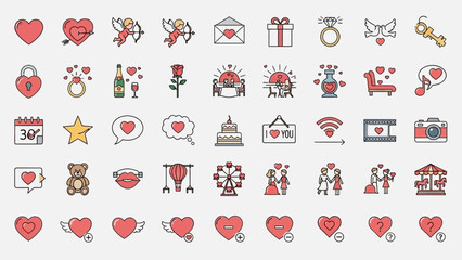 Obraz premium Collection of romantic and love-themed icons including hearts flowers gifts and symbols in a