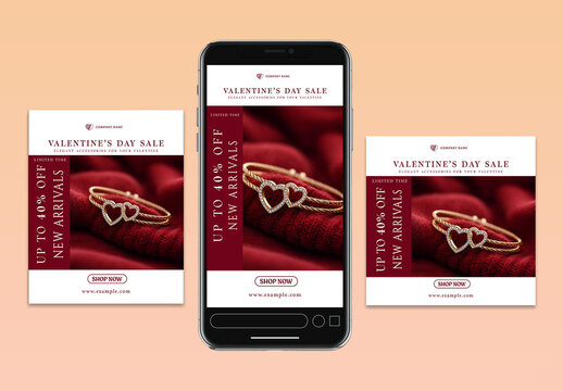 Editable Valentine&rsquo;s Day Jewellery Sale Social Media Post and Story Template Set with Heart Shape Bracelet and Up to 40 Percent Off, Red and White Theme.