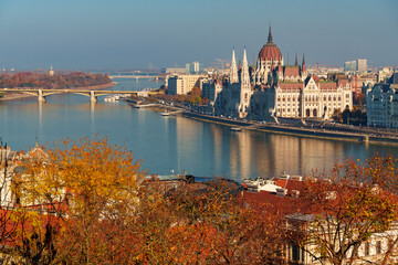 Budapest cityscape, panoramic view of city and Danube River, Parliament building with Margit bridge...