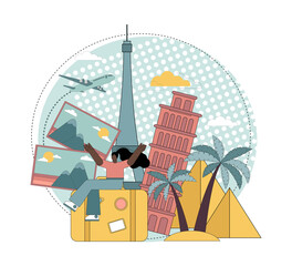 Travel and tourism concept. Where to go on vacation. A joyful woman sitting on a suitcase is about to embark on a trip. Last-minute tour