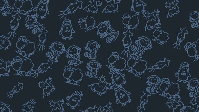 Pattern of cartoon penguins, monkeys, sheep. Suitable for childrens products, stationery, textiles, and educational materials. Ideal for playful designs.