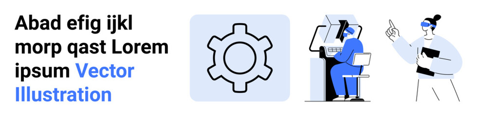 Gear icon alongside team discussing project using technology tools and tablets. Ideal for teamwork, project planning, innovation, creativity, software, workplace communication, simple landing page