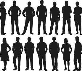 Standing people silhouettes collection, men and women front and side view casual poses isolated on white background human vector illustration set