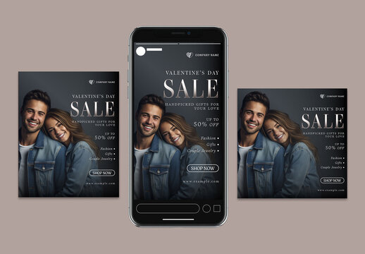 Editable Valentine&rsquo;s Day Gift Sale Social Media Post and Story Template Set with Romantic Couple Wearing Denim and 50 Percent Discount Offer in Dark Theme Design.