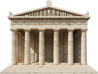 Obraz premium Ancient Greek Doric temple facade with carved pediment sculptures and fluted columns resting on a stepped stone platform isolated object Greek temple Ancient architecture Classical