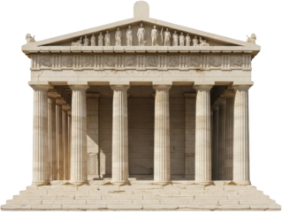 Ancient Greek Doric temple facade with carved pediment sculptures and fluted columns resting on a stepped stone platform isolated object Greek temple Ancient architecture Classical