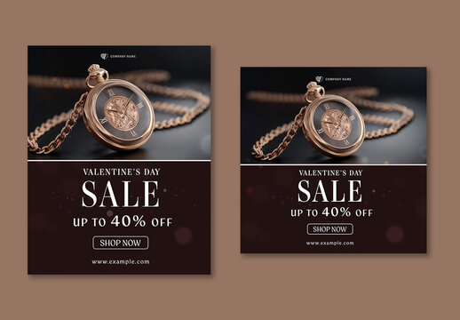 Editable Valentine&rsquo;s Day Jewellery Sale Social Media Post Template Set with Luxury Pocket Watch Necklace Gift and Up to 40 Percent Off.