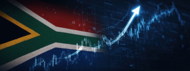 Growth in South African economy with flag and rising graph displayed against digital background