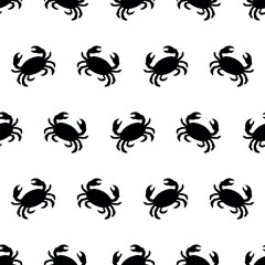 Seamless pattern with black crab silhouettes on white background.